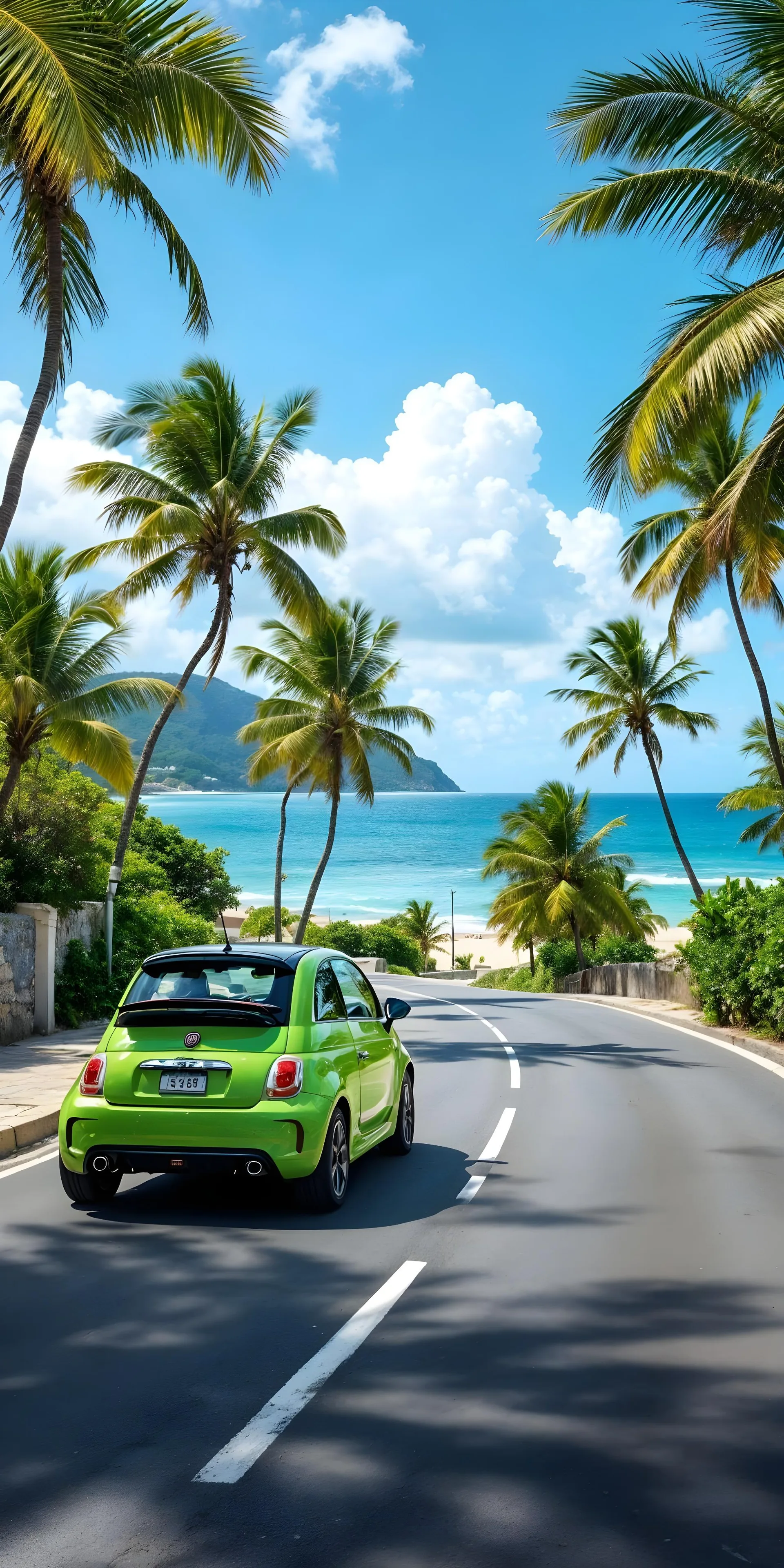 Fiat 500 sur route cotiere en Guadeloupe